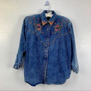 Vintage Betty Bleu Rhinestone Cowgirl Blue Denim Shirt Gold top Womens Med